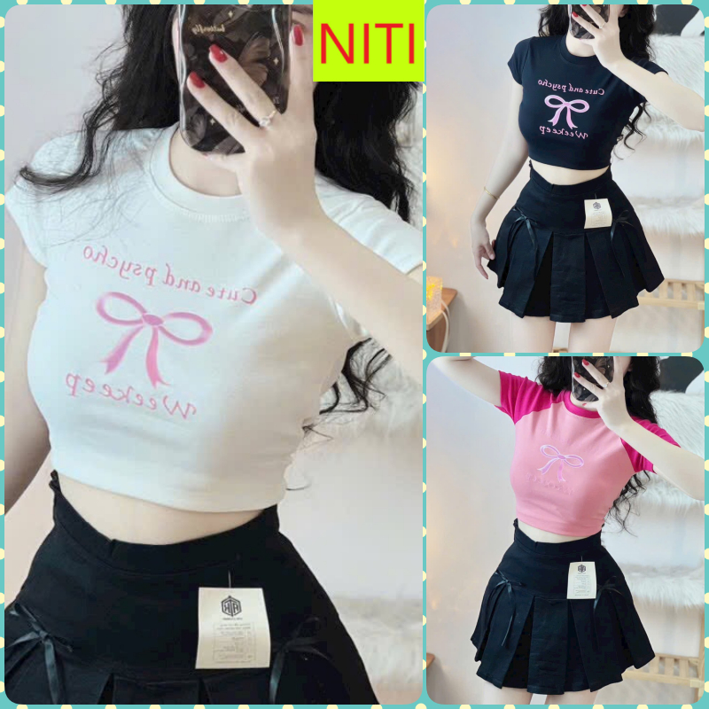 ÁO CROPTOP KIỂU LỬNG NỮ CỔ TRÒN NGẮN TAY IN NƠ MÀU TRẮNG ĐEN CO GIÃN TÔN DÁNG SIÊU HOT HIT