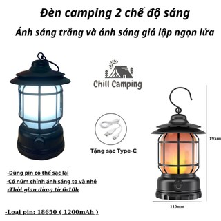 Đèn cắm trại dã ngoại cổ điển 2 chế độ sáng, đèn bão du lịch ngoài trời dùng pin tích điện sạc cổng USB
