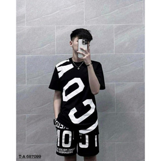 (Hàng loại1, 7-45kg) Bộ đồ nam cộc tay mặc hè Dsq2 in chữ ICON chéo áo ngang quần đen trắng vải cotton co giãn siêu đẹp