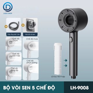 Bộ vòi sen điều áp 5 chế độ LH-9008 nhựa ABS cao cấp, lắp được cho nước nóng lạnh, có lõi lọc + dây ống 1.5m và giá đỡ