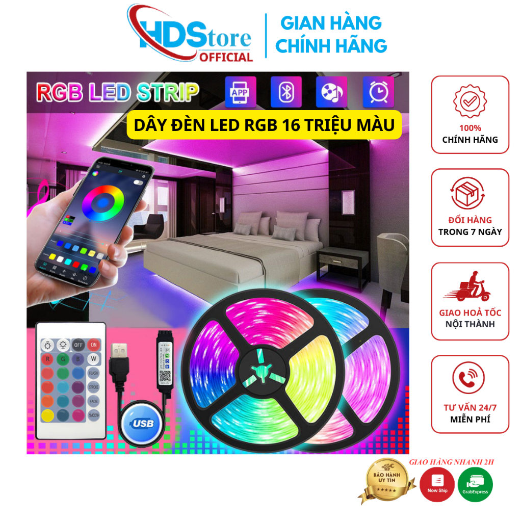 Dây đèn LED RGB 16 triệu màu bọc silicon tự dán điều khiển từ xa bằng app decor trang trí phòng BH 6