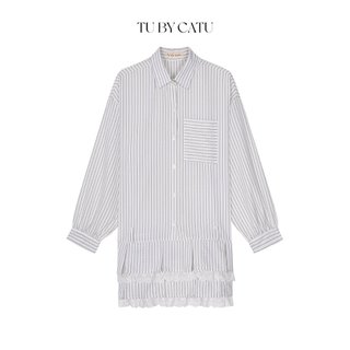 Tubycatu | đầm sơ mi sọc 4 tầng phối ren trắng