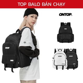 Balo đi học local brand nam nữ ONTOP đen trắng da chống nước, canvas nhiều ngăn đựng laptop Ulti Backpack