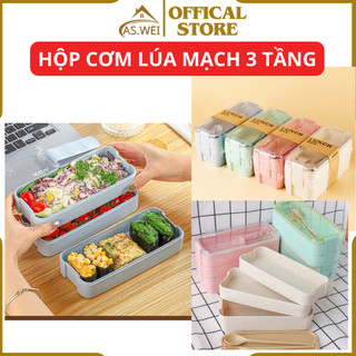 Hộp cơm lúa mạch 3 tầng as.wei - tặng kèm thìa đũa