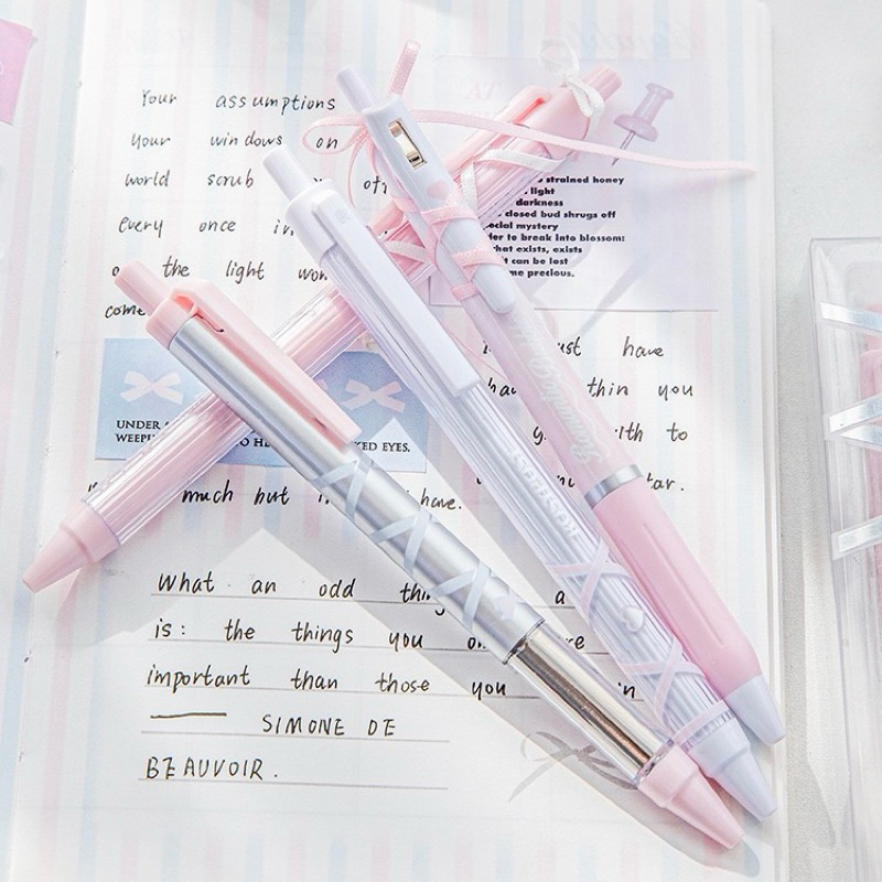 Set 4 Bút Gel Đen RosyPosy Coquette Ribbon Neutral - Set Bút Nơ Ruy Băng Xinh