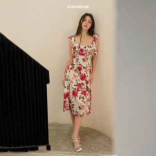 SUNVIBES váy hoa lụa cut -out thanh lịch, sang trọng, tinh tế đi du lịch, đi biển mùa hè Cosmo Dress