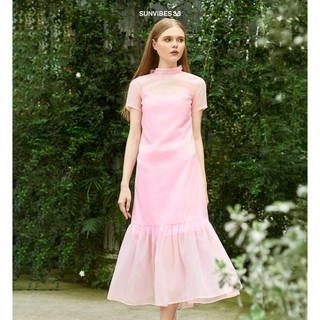SUNVIBES Váy Maxi cộc tay tơ lụa Peony dáng suông màu hồng có nơ buộc độc đáo, mặc đi biển hot trend