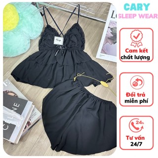 Bộ đồ ngủ mặc nhà áo hai dây phối quần short chất voan mềm mát kèm mút sexy gợi cảm CARY
