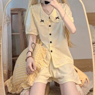 Bộ pyjama nữ gân bèo tiểu thư chất gân mềm mát áo cộc quần đùi