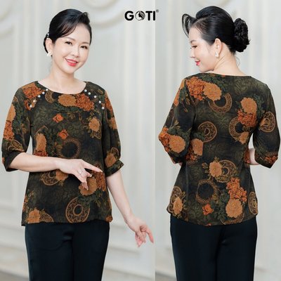 GOTI Thời Trang Trung Niên Cao Cấp Áo Lụa Cổ Tròn In Hoa Thanh Lịch Phù Hợp Mặc Đi Làm,Đi Chơi 3A52