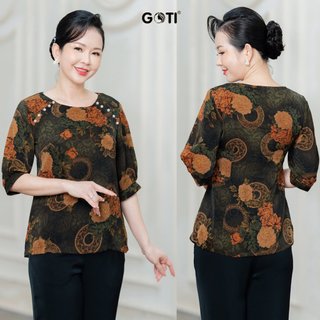 GOTI Thời Trang Trung Niên Cao Cấp Áo Lụa Cổ Tròn In Hoa Thanh Lịch Phù Hợp Mặc Đi Làm,Đi Chơi 3A52