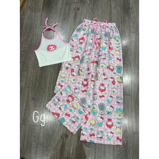 set bộ áo yếm viền cột cổ croptop gấu hồng kèm quần suông hoạt hình in gấu hồng