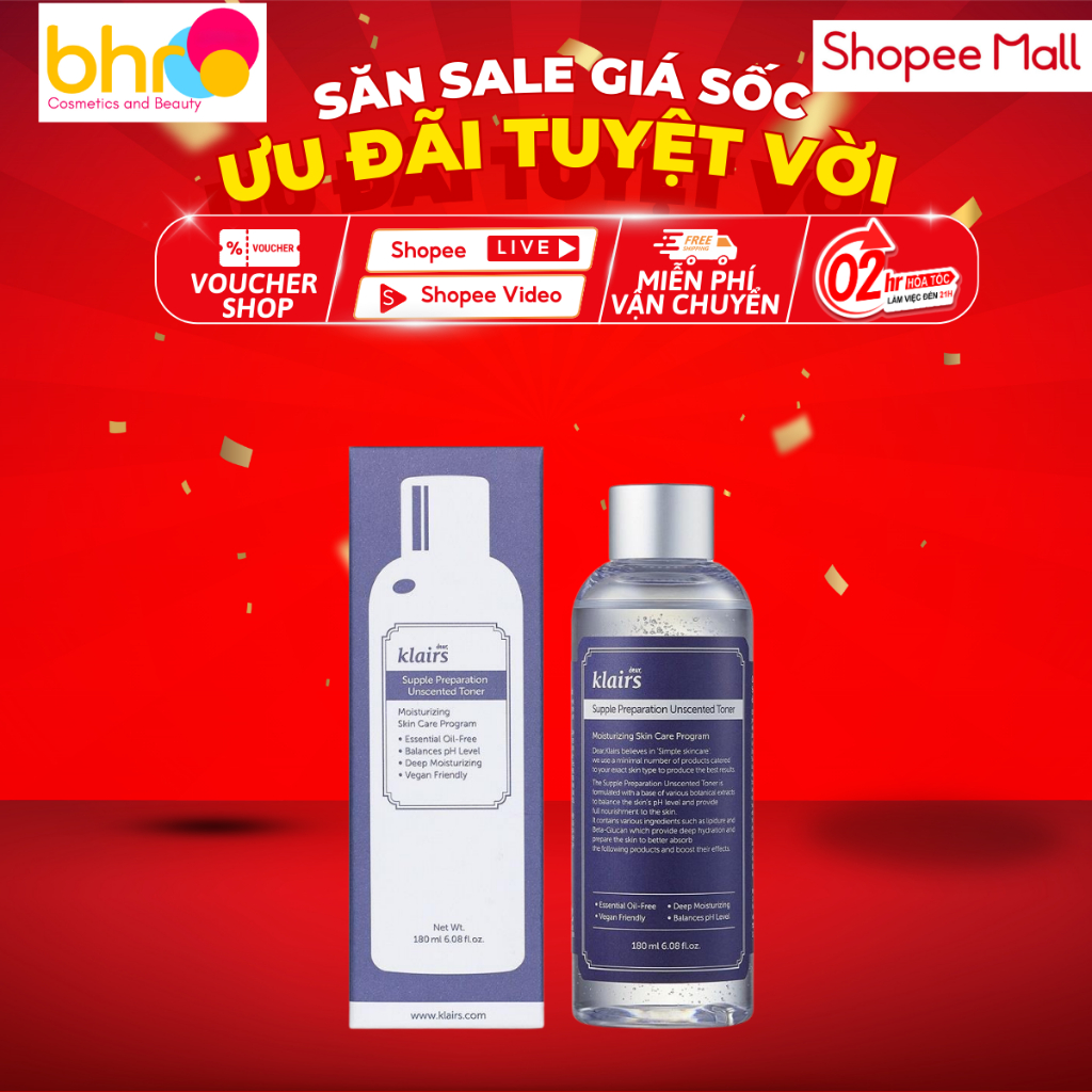 Nước hoa hồng Klairs Supple Preparation Unscented Không mùi, dưỡng ẩm và làm mềm da 180ml