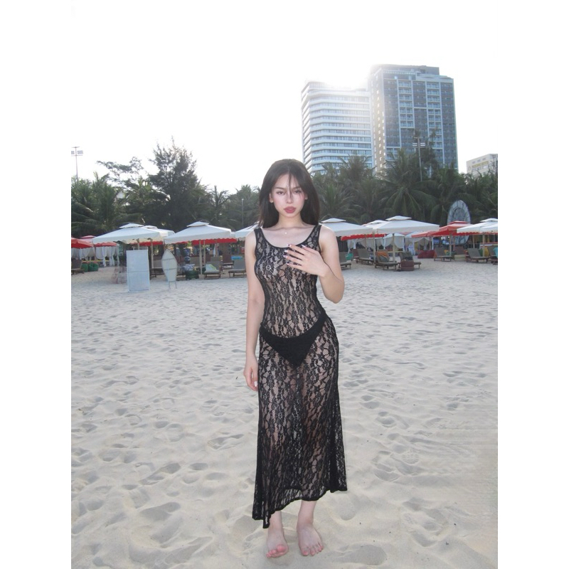 Váy ren nữ dài ôm body 2 dây 1 lớp hở lưng xuyên thấu sang chảnh, Váy ren đi biển sexy (KHÔNG KÈM BIKINI) - Mã M06 | BigBuy360 - bigbuy360.vn
