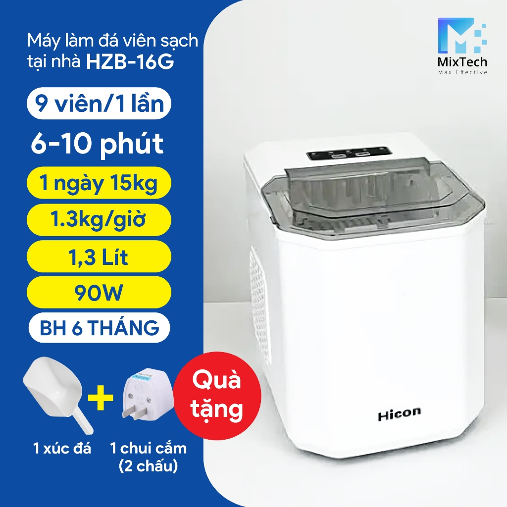 [HỎA TỐC TPHCM] Máy Làm Đá Viên Hicon HZB-16G cho gia đình - 6-9 Phút /9 viên - BH 6 tháng