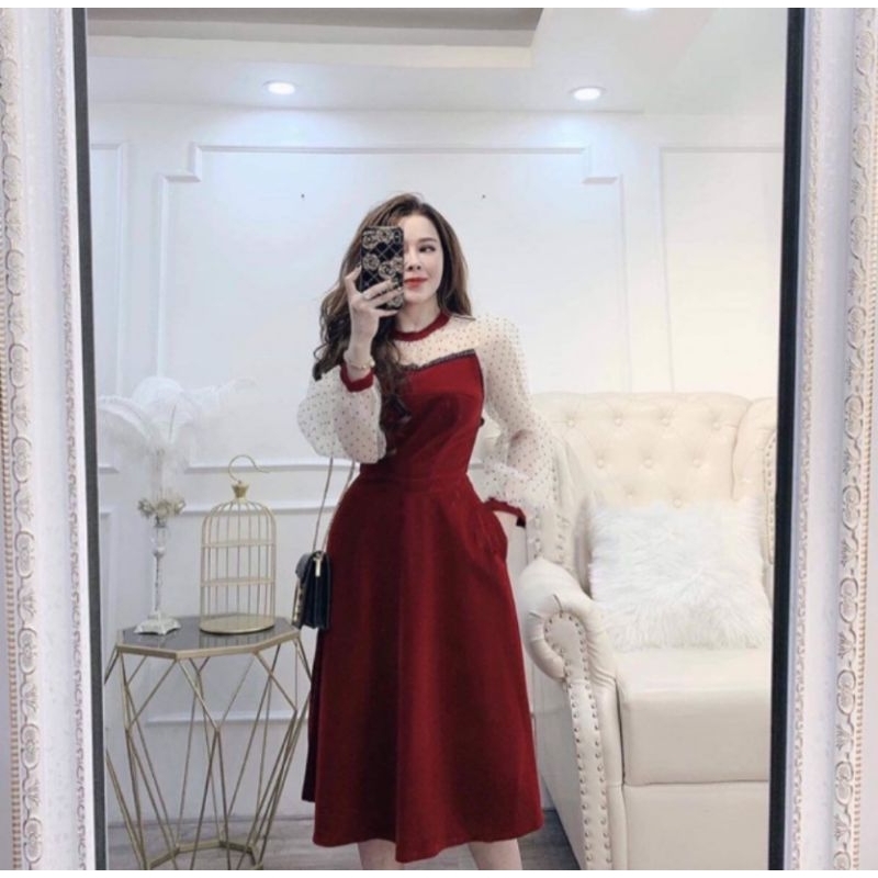 Đầm midi nhung đỏ đô TopShop VNXK đầm dáng dài form A xoè tay dài phối voan tiểu thư xuất khẩu dư xị