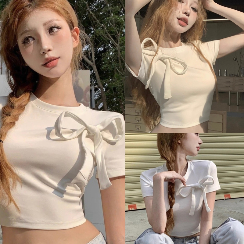 Áo croptop nữ kiểu dây nơ ngực cổ tròn ngắn tay trắng siêu xinh màu trắng kiểu dáng bassic hot trend