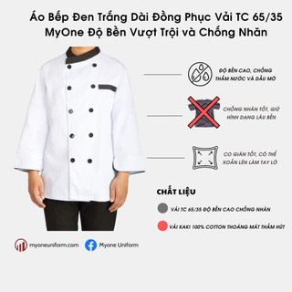 Áo Bếp Trắng Phối Đen Tay Dài Vải TC 65/35 MyOne Đồng Phục Độ Bền Vượt Trội và Chống Nhăn