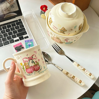 (Tự chụp l/ Có sẵn )Ly thố úp mì set muỗng nĩa gốm sứ màu be Gấu nơ ngọt ngào