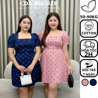 Dabigsize - Đầm Bigsize Nữ , Váy Dự Tiệc Kiểu Dáng Xòe Xếp Ly Ngực Chất Cotton Họa Tiết Nơ Cho Người Mập 50-90kg