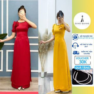 Áo Dài Cách Tân Nữ Tay Bồng Ngắn Cổ Tròn Đắp Hoa Nổi Đính Cúc Bọc Vải Tây Thi Cao Cấp Quần Cùng Màu Áo