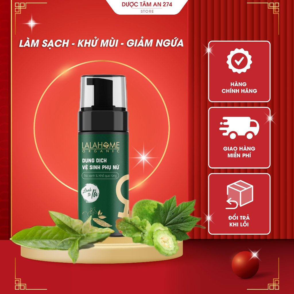Dung dịch vệ sinh phụ nữ LALAHOME ORGANIC, tinh chất Trà Xanh, Khổ Qua Rừng - Dạng Bọt