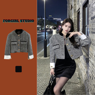 Áo dạ tweed khoác ngoài Forgirlstudio cổ tàu họa tiết kẻ sọc chéo phối tay nhung sang chảnh dáng croptop T041