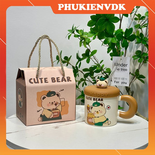 Cốc Uống Nước Cốc Sứ Văn Phòng Có Nắp Ống Hút Hộp Quà Tặng Hình Gấu Dễ Thương