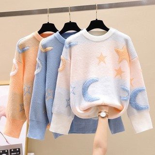 Áo Sweater, Áo len dệt kim cổ tròn thu đông dày dặn họa tiết sao đêm nổi