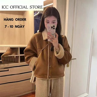 Áo khoác nữ da lộn lót lông màu nâu dáng rộng - áo khoác da lộn nữ cổ bẻ có túi hàn quốc order taobao ao114