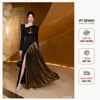 Váy đen nữ lệch vai vuông dáng váy xòe đính kim tuyến thương hiệu IFY DESIGN - VA0608