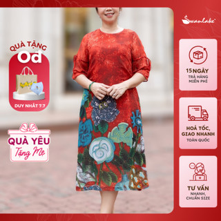 SWANLAKE | Váy Đầm Trung Niên Suông Vải Voal In Hoa Tay Xòe Cột Thắt Nơ Cổ Tròn Tặng Mẹ Bà  - D11284
