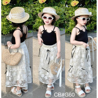 Đồ bộ bé gái, Bộ 2 chi tiết cho bé gái áo 2 dây cotton kèm chân váy voan đính nơ