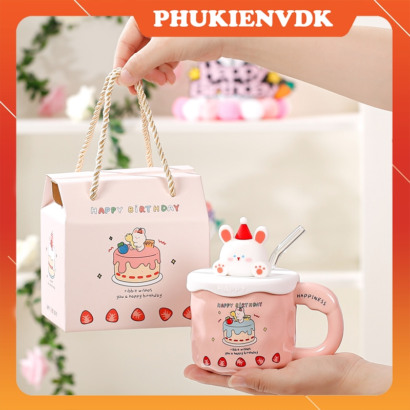  Cốc Sứ Ly Văn Phòng Cốc Uống Nước Nắp Hình Thỏ Gấu Sáng Tạo Kèm Hộp Quà Làm Quà Tặng Sinh Nhật 