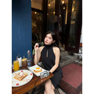 Váy dáng suông cổ yếm ET.TEE đầm voan sạn buộc nơ Halter Chiffon đủ size màu đen A2095
