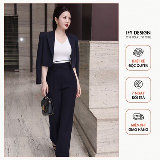 Set áo vest Croptop form rộng phối ve áo, quần ống suông phối cạp cao thương hiệu IFY - AO0067 QU0088
