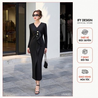 Váy đen nữ dáng ôm body thiết kế nhún ngực đính cúc thương hiệu IFY DESIGN - VA0630