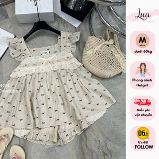 Set đồ mặc nhà, mặc đi chơi áo hoạt tiết nơ phối ren tầng style hotgirl (C10)