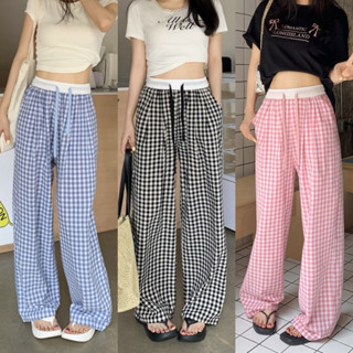 Quần Ống Suông Dáng Rộng Kẻ Caro Phối Cạp Trắng Dây Rút Màu Pastel Siêu Hot_650