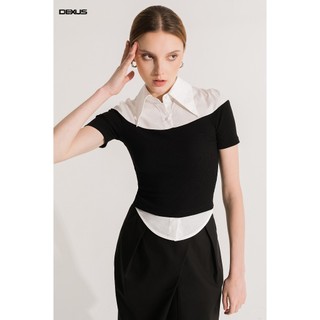 Áo Tăm Phối Cổ Sơ Mi Cộc Tay Nữ 𝐃𝐗 𝐃𝐄𝐗𝐔𝐒 Thanh Lịch, Basic WOODY SHIRT_DXA140770