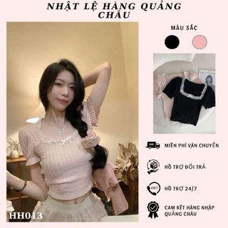 Áo thun crotop cổ vuông phối ren kiểu Pháp đính nơ tiểu thư cho nữ hàng QC- HH013