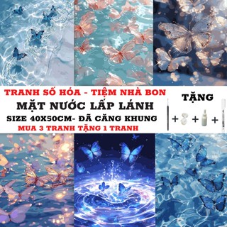 (40X50cm-CÓ BACKBOARD) Tranh tô màu theo số MẶT NƯỚC LẤP LÁNH có sẵn khung, cọ vẽ, màu vẽ, tặng màu bóng