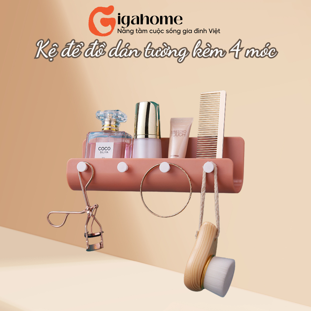 Kệ Để Đồ Dán Tường Kèm 4 Móc GIGAHOME Trang Trí Nhà Cửa Decor 8336