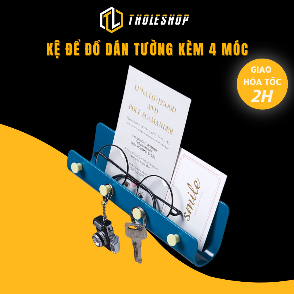 Khay Đựng Đồ Nhà Bếp, Phòng Tắm Dán Tường Kèm 4 Móc Trang Trí Nhà Cửa Tholeshop 8336