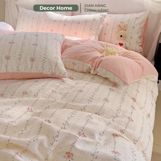 Bộ ga gối và vỏ chăn Đũi Sợi Tre hoạ tiết hoa nhí hàng nhập khẩu cao cấp, Set Đũi Sợi Tre Vintage mềm mại Decor Home P1