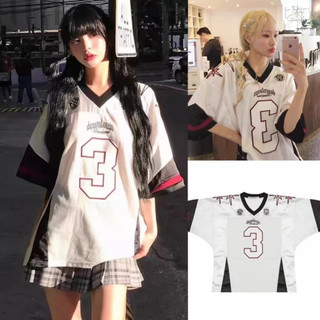 Đại lý thu mua Hàn Quốc LARITIGENT đường phố màu tương phản nối lưới áo thun jersey kỹ thuật số tay ngắn dáng rộng