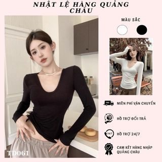 Áo thun trơn cổ V dài tay dáng ôm quyến rũ thời trang nữ hàng QC(KÈM ẢNH THẬT )- TD061