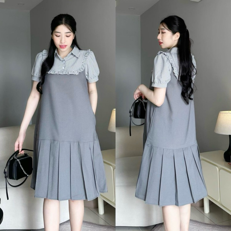 EVERMOM l Đầm bầu công sở đuôi cá phối cổ sơ mi sọc Bella Dress