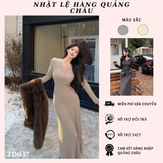 Đầm dệt kim ôm eo dáng dài cổ tròn kết hợp cúc thời trang thu đông hàng QC- TD037