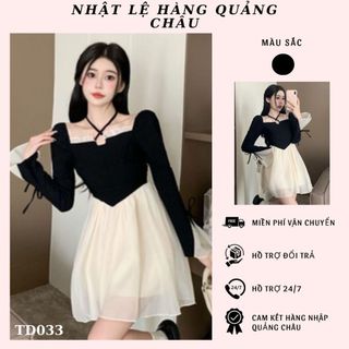 Váy Babydoll dáng ngắn cổ đan chéo phối voan tơ tay loe điệu phong cách tiểu thư hàng QC- TD033